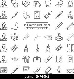 Health Care and Medical Line icon Collection. Outline symbols for medicine, pharmamaceutics, medical equipment and illnesses. Stock Vector