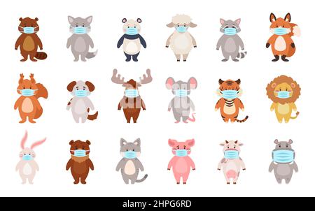 different cartoon animals wearing medical face masks Stock Vector