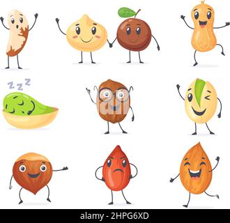 Cute protein nuts. Happy nut cartoon character bean, funny peanut seed, almond vegan food caractere, pistachio emoji coconut face healthy nutrition, vector illustration. Happy vegetarian ingredient Stock Vector