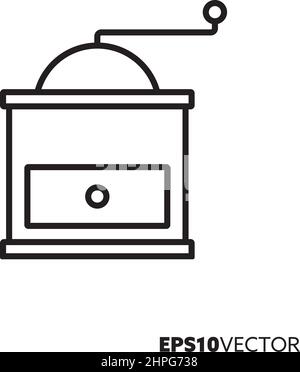 Coffee grinder line icon. Outline symbol of kitchenware and household euipment. Coffee mill flat vector illustration. Stock Vector