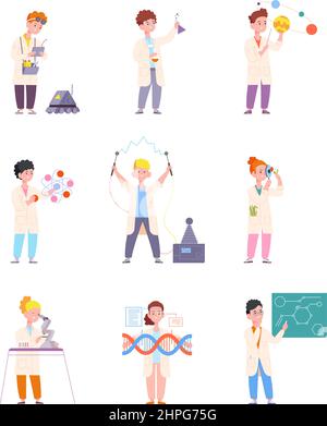 Scientist kids. Scientists children, child experiment in chemistry laboratory, kid science, young inventor or chemist, learning school lab, set cartoon vector illustration. Scientist at laboratory Stock Vector