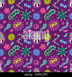Funny bacteria seamless pattern. Microscopic monsters. Viruses and germs characters. Cartoon biological theme. Unicellular microorganisms. Microbe and Stock Vector