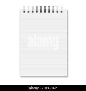 White realistic a6 notebook opened with soft shadows. Vector vertical blank copybook with silver metallic spiral on white background. Mockup of horizo Stock Vector