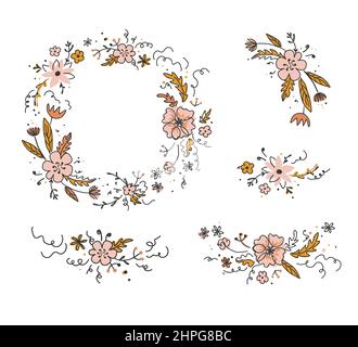 Set of doodle flower bouquets and wreath. Scandinavian style drawing. Floral hand drawn bunch frame for cards, stickers, birthday, save the date Stock Vector