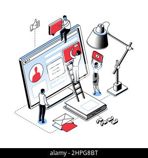 Online promotion - modern line isometry design style illustration on white background. A team of employees is working on a persons profile. Communicat Stock Vector