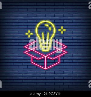 Vector light bulb in box, innovation, creative idea neon sign. Stock Vector