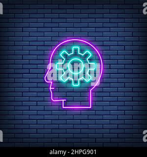 Vector head with gear, brain process, knowledge, think, idea neon sign. Stock Vector
