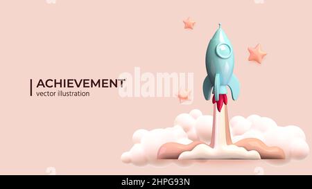 Rocket ship in space around the clouds and stars. Realistic rocket 3d icon. Vector illustration with flying shuttle. Space travel. Spacecraft launch new project start up concept. Vector illustration Stock Vector