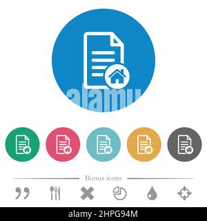 Default document flat white icons on round color backgrounds. 6 bonus icons included. Stock Vector