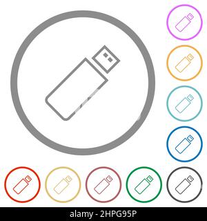 Pendrive outline flat color icons in round outlines on white background Stock Vector