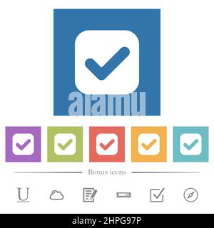 Checkbox solid flat white icons in square backgrounds. 6 bonus icons included. Stock Vector