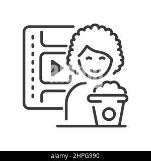 Watching a movie - vector line design single isolated icon on white background. High quality black pictogram. Curly-haired girl bought popcorn and is Stock Vector