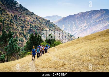 August 25, 2016, Shirkent, Tajikistan: A group of tourists on a trail in Hissar Valley in Tajikistan Stock Photo