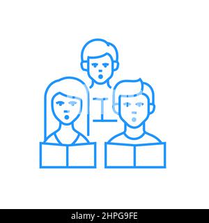 Choral singing - modern blue line design style icon on white background. Neat detailed image of three people singing from notes. Professional musician Stock Vector