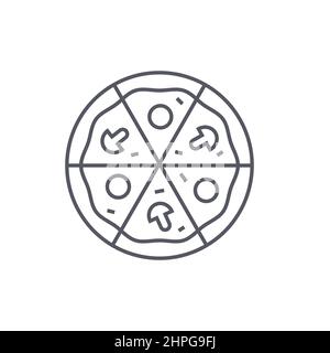 Pizza - modern black line design style icon on white background. Neat detailed image of traditional Italian dish with mushrooms and salami. Pizzeria, Stock Vector