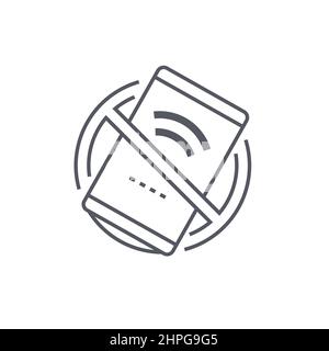 No wi-fi signal - modern black line design style icon on white background. Detailed image of prohibition sign with smartphone and wireless connection. Stock Vector