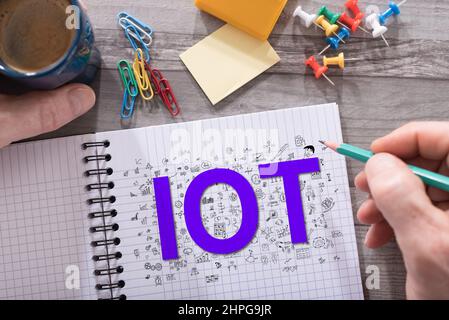 Iot concept drawn on a notepad placed on a desk Stock Photo