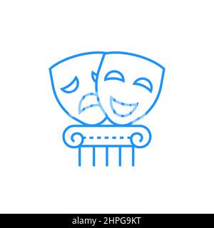 Tragedy and comedy mask - modern blue line design style icon on white background. Neat detailed image of antique theatrical art. Inspiration, performa Stock Vector