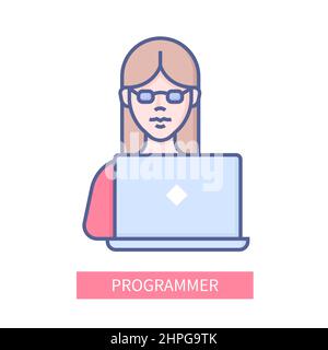 Programmer - modern colored line design style icon on white background. Neat detailed image of a young woman in glasses working at the laptop. Remote Stock Vector