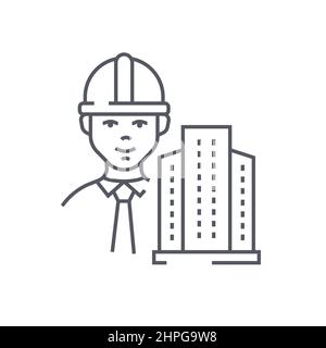 Modern developer - modern black line design style icon on white background. Neat detailed image of a builder or foreman in a helmet, next to a buildin Stock Vector