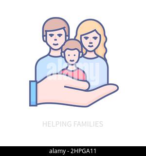 Helping families - modern colored line design style icon on white background. Neat detailed image of mom, dad and child in need of outside support. Ha Stock Vector