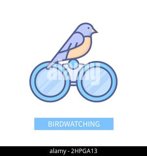 Birdwatching - modern colored line design style icon on white background. Neat detailed image of titmouse sitting on binoculars. Country hobby, enjoyi Stock Vector