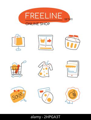 Online shop - modern line design style icons set in orange color. Ordering goods on the Internet using a laptop or smartphone, sale of clothes. Discou Stock Vector