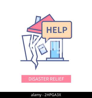 Disaster relief - modern colored line design style icon on white background. Neat detailed image of ruined house. Earthquake, hurricane, natural catac Stock Vector