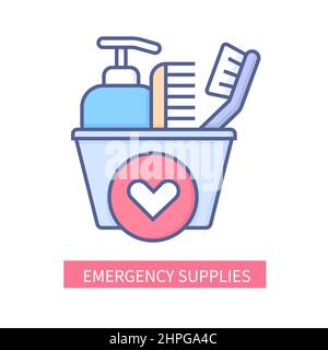 Emergency supplies - modern colored line design style icon on white background. Neat detailed image of personal hygiene items, toothbrush, comb, liqui Stock Vector