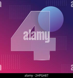 Glass morphism effect. Transparent frosted acrylic shape number 4 on purple blue gradient bacground Realistic glassmorphism matte plexiglass rectangle Stock Vector