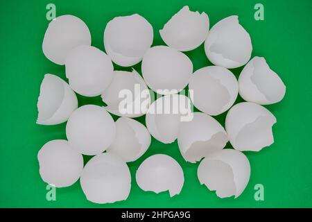 Lots of broken white eggshells on a green background. Copy space. Stock Photo