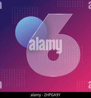 Glass morphism effect. Transparent frosted acrylic shape number 6 on purple blue gradient bacground Realistic glassmorphism matte plexiglass rectangle Stock Vector