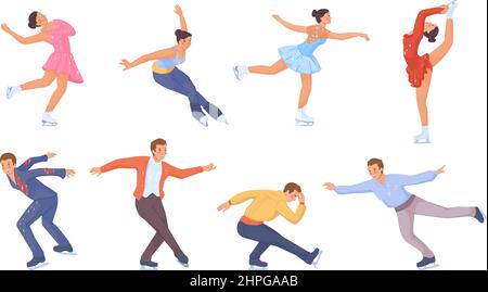 Figure skating poses. Ice skate olympic sport, woman skater silhouette on winter rink, wellness artistic performer, athlete snow sport, cartoon isolated vector illustration. Ice sport athlete pose Stock Vector