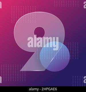 Glass morphism effect. Transparent frosted acrylic shape number 9 on purple blue gradient bacground Realistic glassmorphism matte plexiglass rectangle Stock Vector