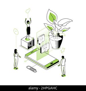 Online chatting - modern line isometry design style illustration. Detailed picture with male and female office workers, team, smartphone, dialog boxes Stock Vector