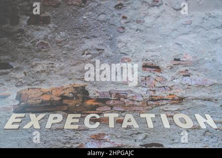 The expectations word on the wall. Business Concept image. Expectation Prediction Hope Strategy Planning Concept. Stock Photo