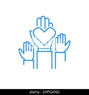 Wheelchair care - modern blue line design style icon on white background. Neat image of three hands. Two kids and one of a parent holding a heart. Uni Stock Vector