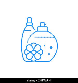 Care products - modern blue line design style icon on white background. Neat detailed image of natural shampoo, soap and shower gel. SPA care, relaxat Stock Vector