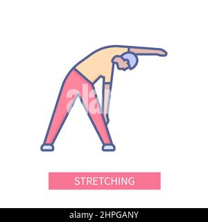 Stretching - modern colored line design style icon on white background. Neat detailed image of person performing simple sports exercises to keep fit. Stock Vector