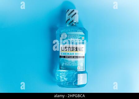 Tyumen, Russia-February 06, 2022: Listerine logo blue background is an American brand of antiseptic mouthwash. Stock Photo