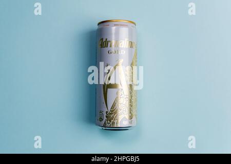 Tyumen, Russia-December 27, 2021: Aluminium can of the Adrenaline Rush energy drink, adrenaline gold Stock Photo