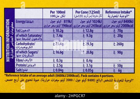 nutritional information reference intake labelling information on box of Cadbury flake 99 vanilla ice cream topped with Cadbury Flake ice creams Stock Photo