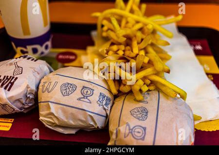 McDonald's burger and french fries with cold drink in Bucharest, Romania, 2021 Stock Photo