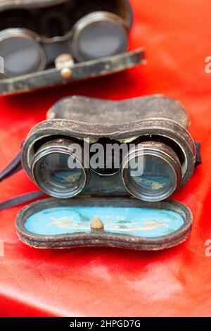 Italy, Lombardy, Flea Market, Ancient Binoculars with Leather Bag Cover Stock Photo