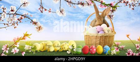 Beautiful greeting card with Easter eggs and cute bunny with basket Stock Photo