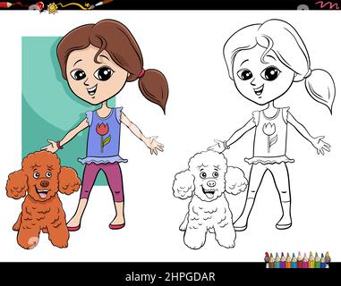 Cartoon illustration of girl with her poodle dog coloring book page Stock Vector