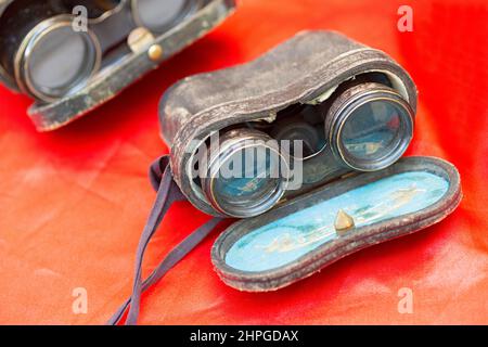 Italy, Lombardy, Flea Market, Ancient Binoculars with Leather Bag Cover Stock Photo