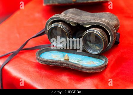 Italy, Lombardy, Flea Market, Ancient Binoculars with Leather Bag Cover Stock Photo