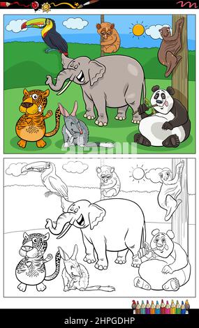 Cartoon illustration of wild animal characters group coloring book page Stock Vector