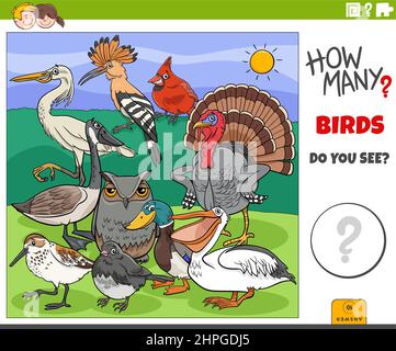 Illustration of educational counting game for children with cartoon birds animal characters group Stock Vector
